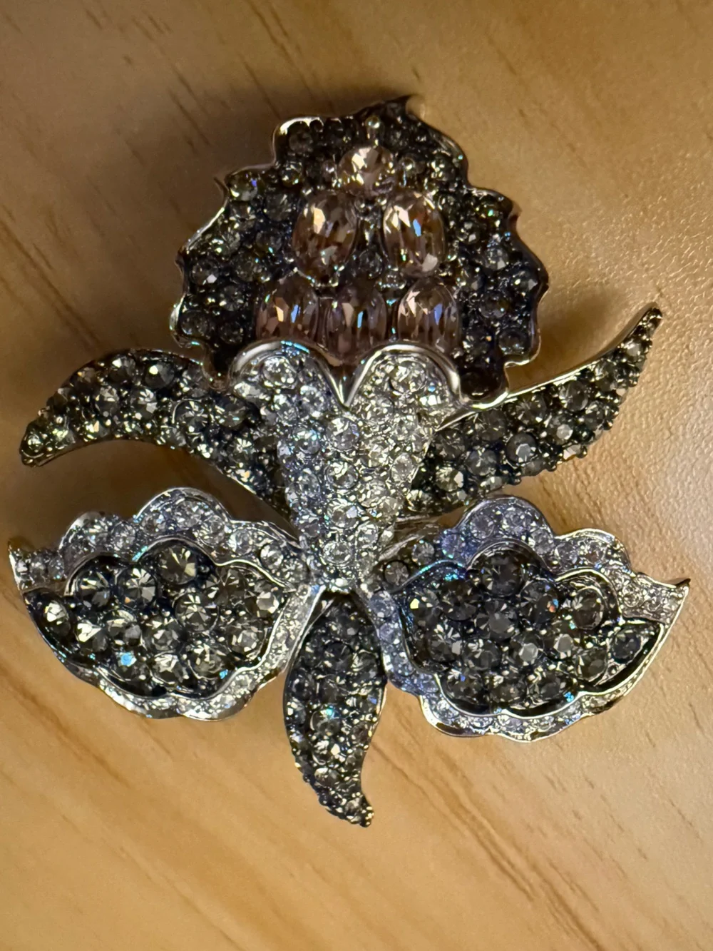 RARE Nolan Miller Silver and Clear and Colorful Crystal Orchid Vintage Brooch